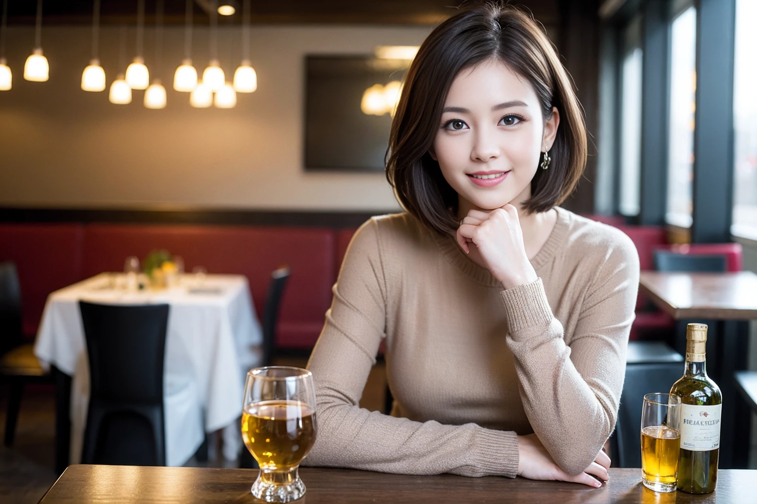((Highest quality、8k、masterpiece:1.3))、Whiskey bottles、whiskey、Suntory、Nikka、slimカップル、modelカップル、(Realistic, Intricate details:1.2), full-course dinner、Whiskey bottle and glass on the table、Single Malt、scotch、Rocks glass、Shot Glass、on the rocks、Scotland、Amazing view of the sunset sky and clouds、A bright smile、The wonderfulness of smile、 Beautiful Face, blue eyes, The light shines on your face, blush, short hair,Bright Face、 (Age 37), 3,Two beauties、Brown Hair、Shortcuts、Long sleeve shirt、dress、Beautiful woman 1, (slimな顔), (The body is slim), (Brown Hair), (Shortcuts), cheeks turn a little red,Attractive beauty、restaurant, In a prominent place (From the waist up) Nova Frog Style, actress, model, Upper Body, White wine, slim, smile, (smile: 1.15), Beautiful fine grain, Depth f/2,saturation, High Contrast, Strong light and shadow,Moist Body:1.5、3D texture、Delicate eyes、Brown Hair、The hair is very shiny、
