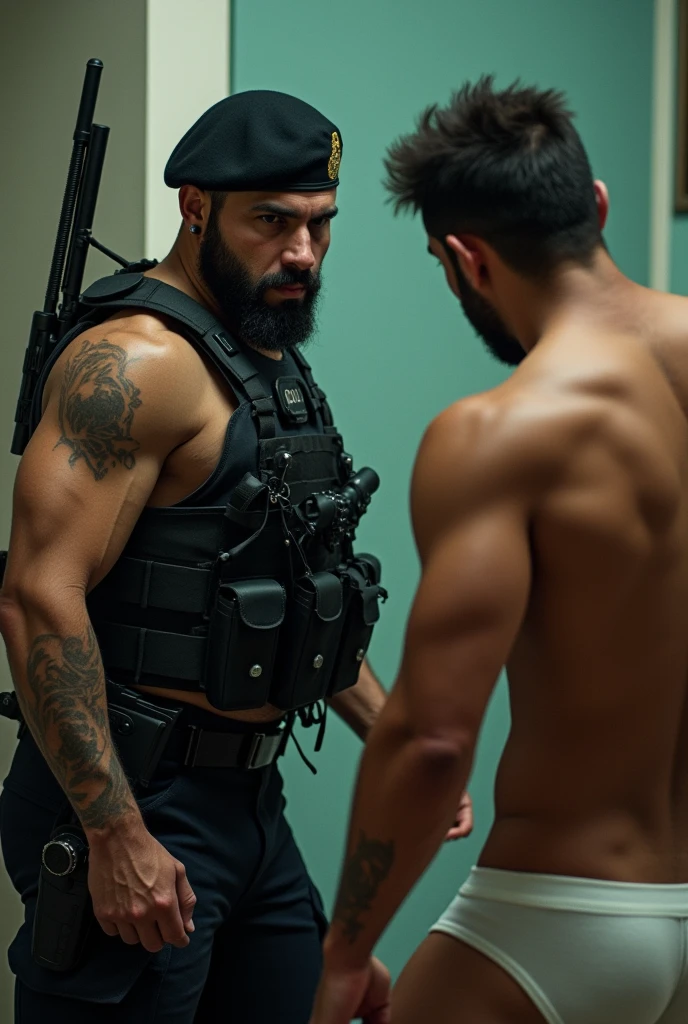 Young strong bearded Brazilian cafuzo police officer in military tactical police uniform, Lottery, elite, boina preta, armed, approaching and searching a man in white underwear.