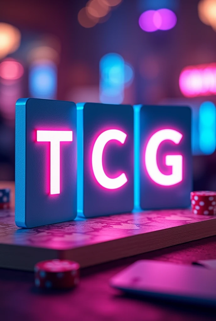 A graphic design photo in which three flash cards with T C G written on them separately. And the background should be like a casino and the background color should be blue or pink.