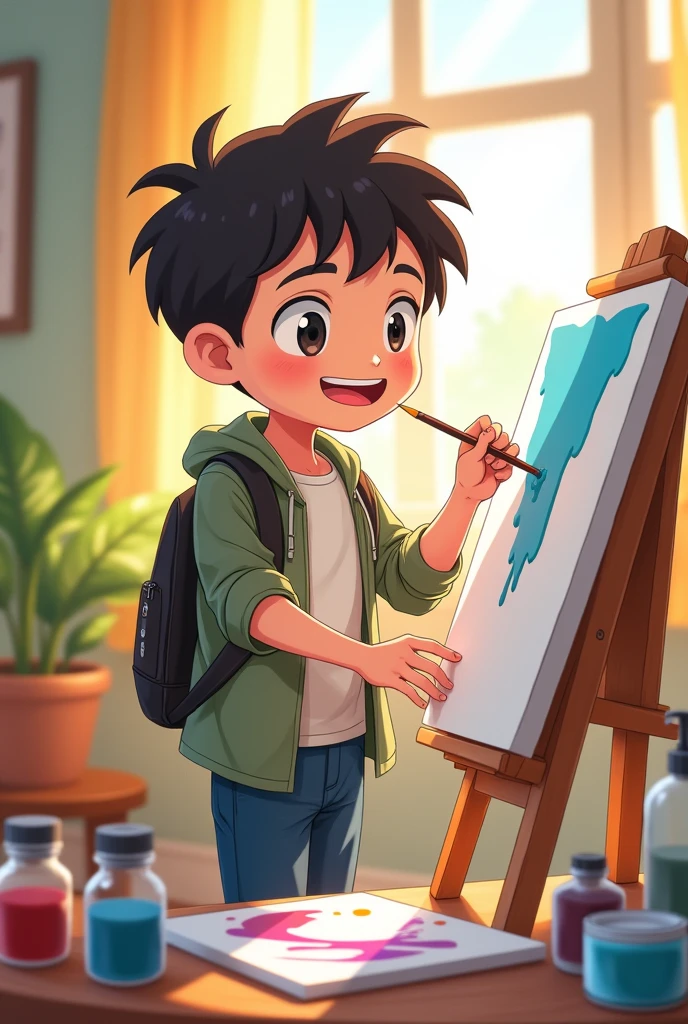 a male university student drawing in canvas in chibi anime style