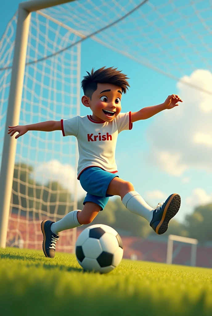 A boy shot a football in goal post , and he wear tshirt with name Krish 




