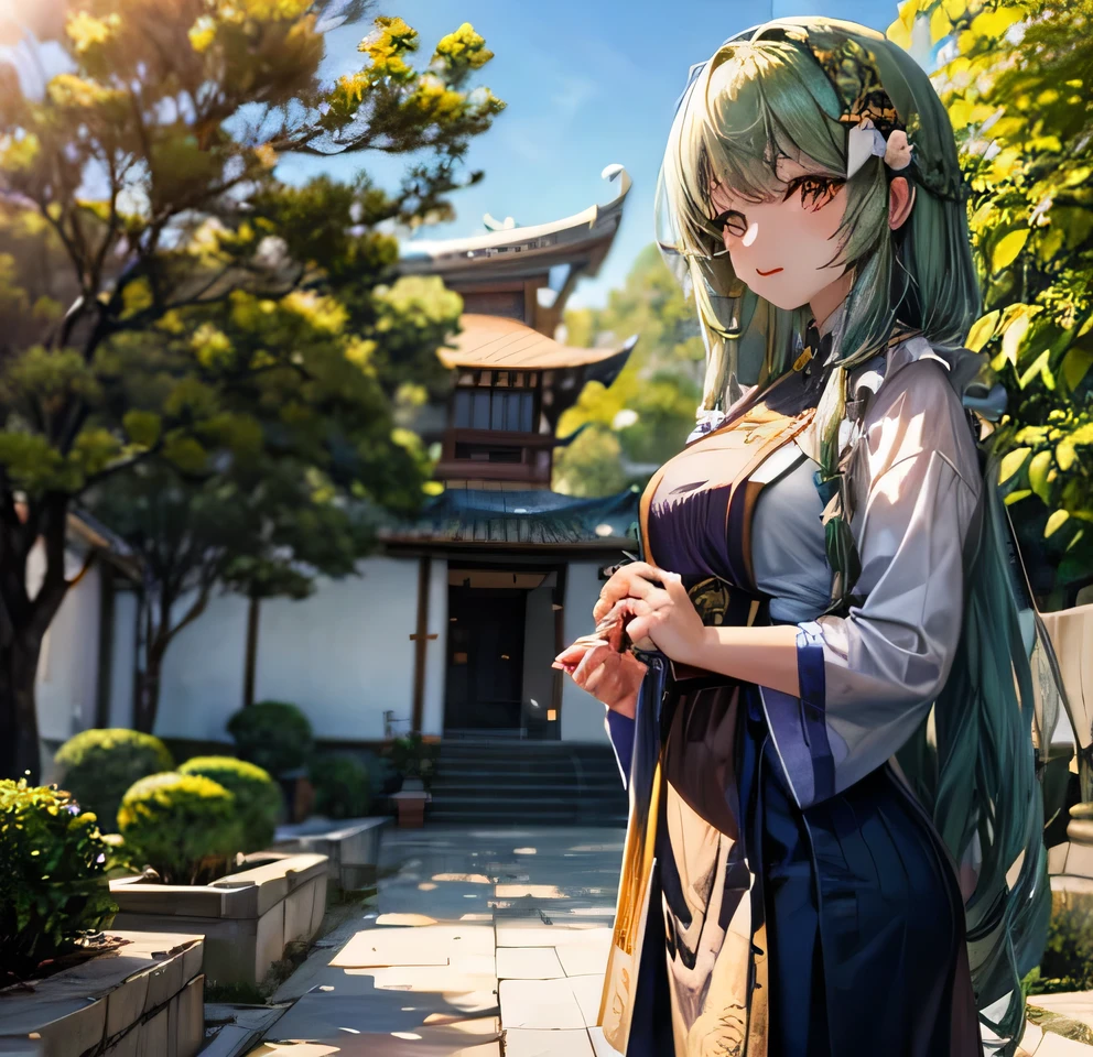 Oriental Project Sanae Green Long Hair beautiful girl Byodoin Temple Phoenix Hall Garden