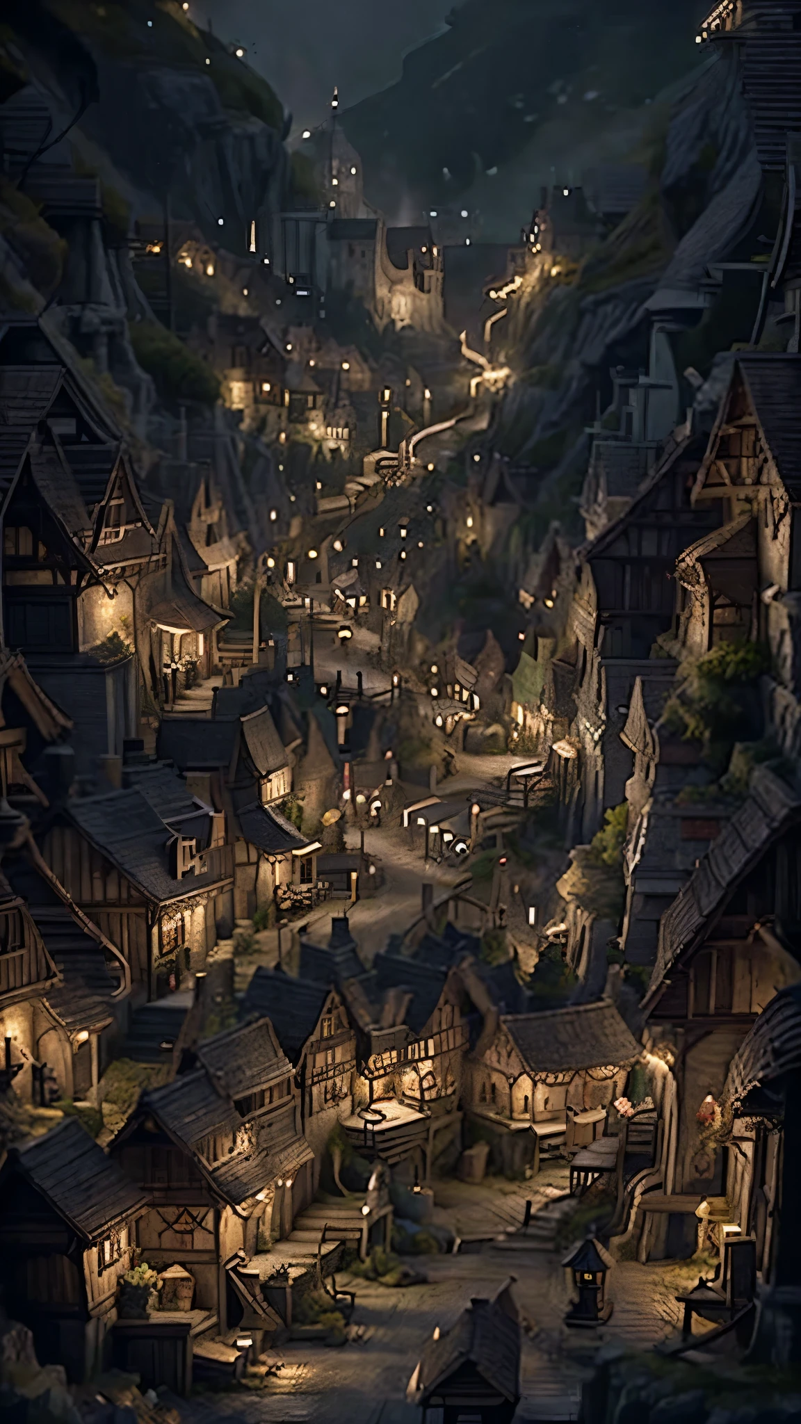 night, ((Miniature Town))、Fantasy Downtown, narrow street, Some of the windows have lights on., Lantern on the right, Direct perspective,  brown、red、Yellow color scheme