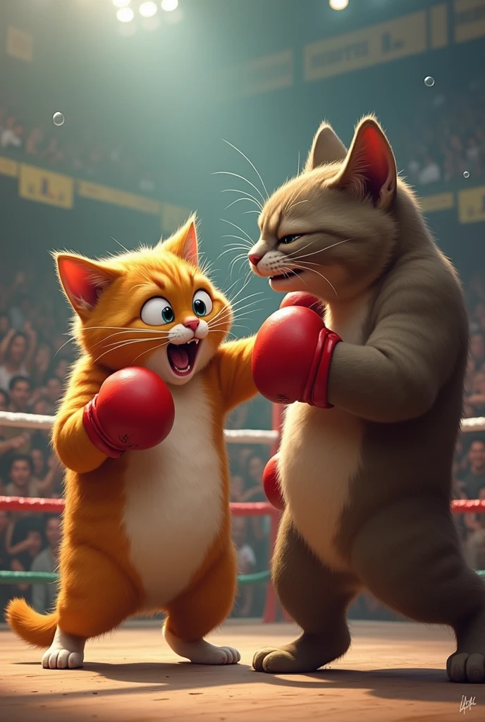 Despite a few hard hits, the chubby cat doesn’t give up. The crowd, once skeptical, starts to cheer as the cat lands a powerful blow, knocking its opponent off balance.