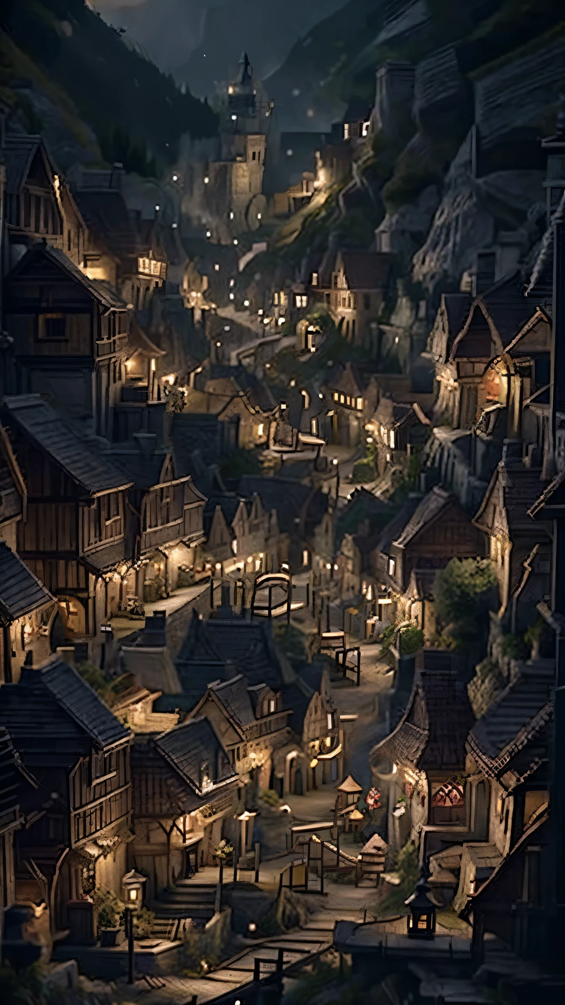 night, ((Miniature Town))、Fantasy Downtown, narrow street, Some of the windows have lights on., Lantern on the right, Direct perspective, brown、red、Yellow color scheme