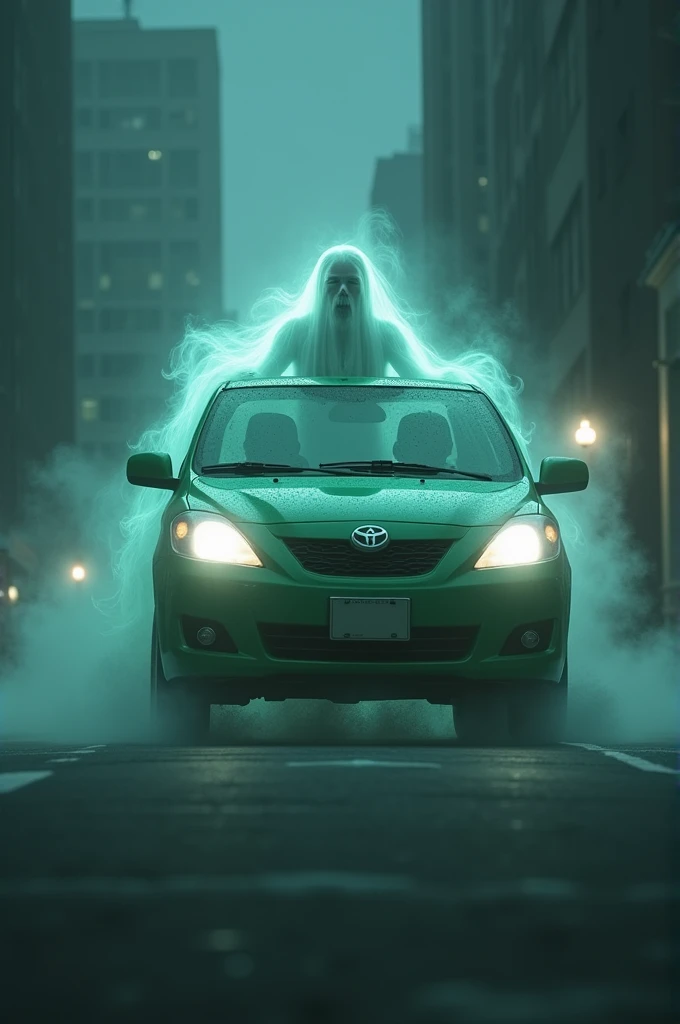 A picture of a Grab car with a male driver who looks like a ghost