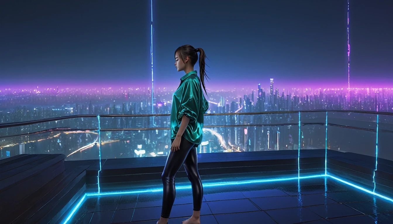 Highest quality, masterpiece, High resolution, 8k, (((She wore an oversized silk blouse and wet-look leggings.、Cute and skinny、Barely an adult, Bare Belly, wide neckline, Deep neckline, small and taut breasts, Beautiful attention to detail, Beautiful lip detail, Small closed mouth, Highly detailed face, Long ponytail, Small hips))), Cyberpunk Apartment, Gloomy atmosphere, Dramatic and random neon colors, Futuristic Setting, Intricate details, At night, Backlight, Full Body Shot, A view from afar 