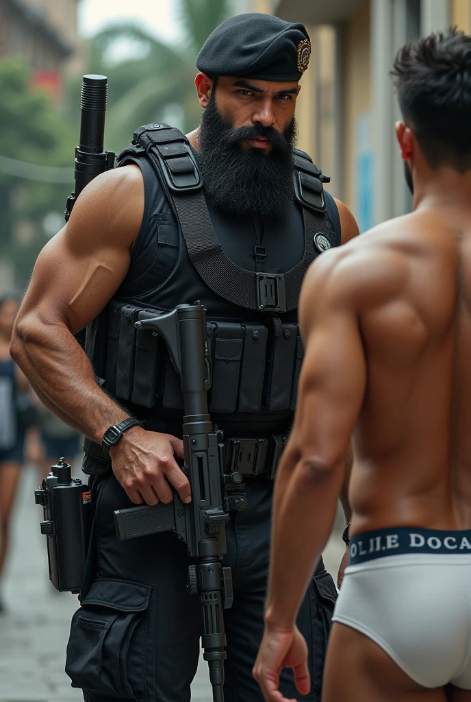 Young strong bearded Brazilian cafuzo police officer in military tactical police uniform, Lottery, elite, boina preta, armed, approaching and searching a criminal in white underwear.