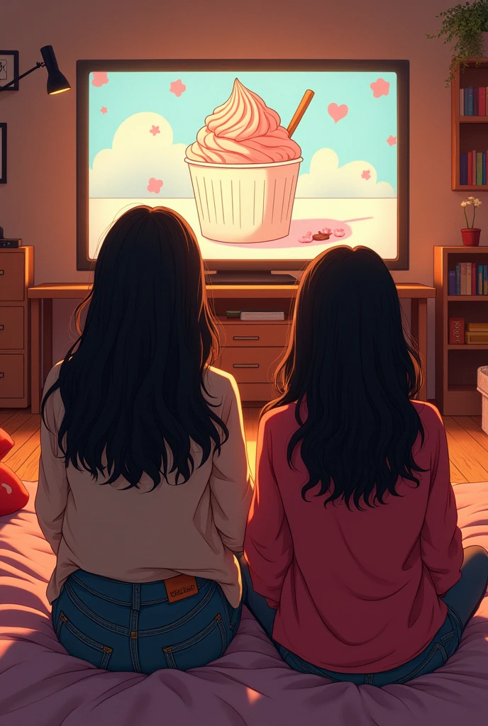 Doodle in
which two sister watching bollywood movie in room comfortably must write movie name Bhoothnath and icecream bowl poster on screen
Show as scene drawn from back