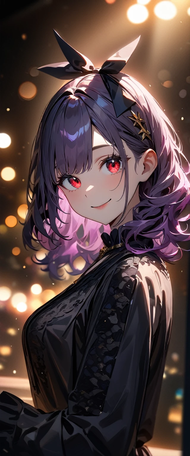 (((One girl))), Shibuya, long wavy faded purple hair, (looking at viewer), upper body, breasts, teenager, head tilt:1.3, (((red eye))), constricted pupils, (from side:1.3), ((happy smile)), gothic lolita:1.3, hair ornament, hair ribbon, anime style, (best quality, 4k, 8k, highres, masterpiece:1.2, ultra-detailed, ultra-detailed eyes, HDR, UHD, studio lighting, ultra-fine painting, sharp focus, physically-based rendering, extreme detail description, professional, vivid colors, bokeh)