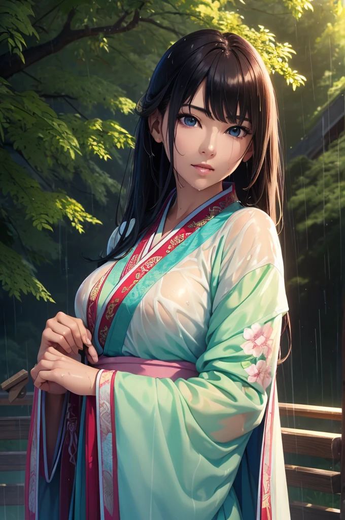 Heavy rain background、In the storm、in the forest、Walking in the river、On the run、In the fog、war (Highest quality,4K,8k,High resolution,masterpiece:1.2), Very detailed, (Realistic,Realistic,Realistic:1.3), High resolution, Hyper HD, Studio Lighting, Ultra-fine painting, Sharp focus, Physically Based Rendering, Very detailed説明, Professional, Vibrant colors, Bokeh, Sports Late Night, Ancient War Landscapes, Traditional Chinese Painting Techniques, Atmospheric lighting, Vivid color contrast, Ethereal atmosphere,Very detailed目と顔, Beautiful attention to detail, Light on the face,白いHanfu (Hanfu: 1.1),My whole body is wet、My clothes are wet and transparent、Nipples are visible、The nipples are pale pink、Rain clouds spreading across the sky、Heavy rain weather、Pouring rain、Wind and rain storm、((Soaked skin from head to toe))、((Rain-soaked clothes(Rain dripping from clothes))、((The lines of your body are clearly visible through your wet clothes...))、、(Green Eyes: 1.1)、Eyes are green、Slim figure、Small breasts、Sexy pose