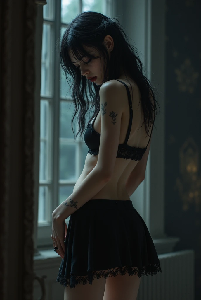Gothic girl in miniskirt looking at her ass 