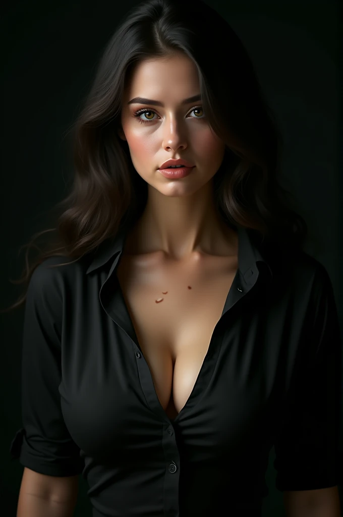 Best Quality, Masterpiece, Perfect Body Beauty, cinematic lighting,   black shirt, Highly detailed face and skin texture, Detailed eyes,  perfect face, ((huge breast)), looking at viewer, ((Dark background)), open mouse, straight Bangs, long hair, cowboy shot, Teary Mole, Mole on Chest
