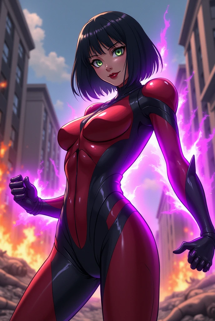 An anime style action pose of a Beautiful evil supervillain woman with short black hair in a bob, green eyes filled with confidence, and red lips, a sadistic grin across her face. She is wearing a high tech suit of red and black power armor and radiating purple energy. Destroying, Evil wins, burning city, lots of bodies litter the ground.