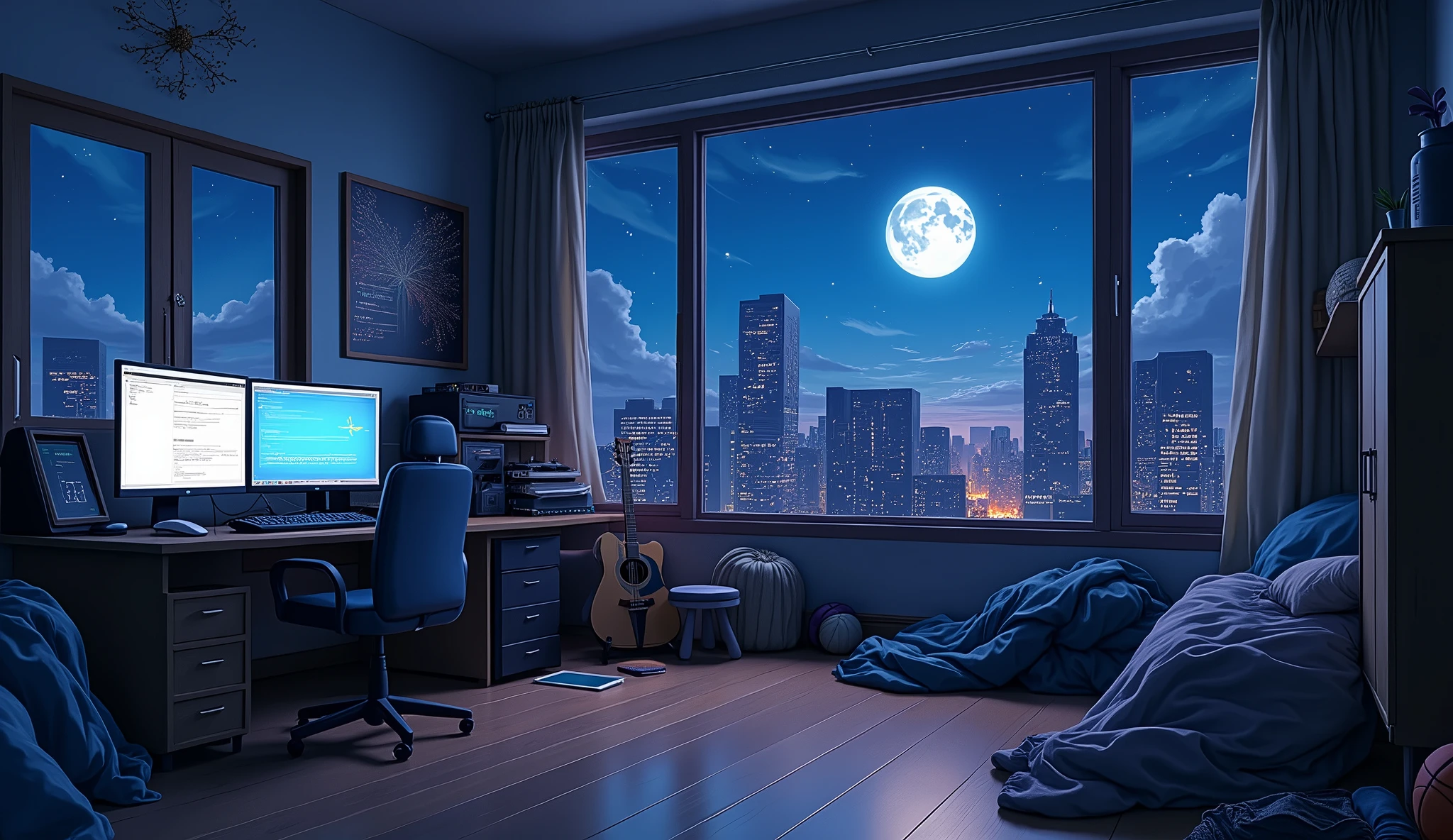 a very large bedroom, one desktop computer with two screens, 2 laptops, 1 phone (no-character:1.4), on the computers screens runs Linux and a development IDE, picture from far, large windows, night outside, one guitar, one basketball ball, clothes thrown on the bed and on floor, on the wall there is a poster of Chino Kafu, masterpiece, precision, ultra-realistic, anime art, In the style of Makoto Shinkai。master piece, ultra detail