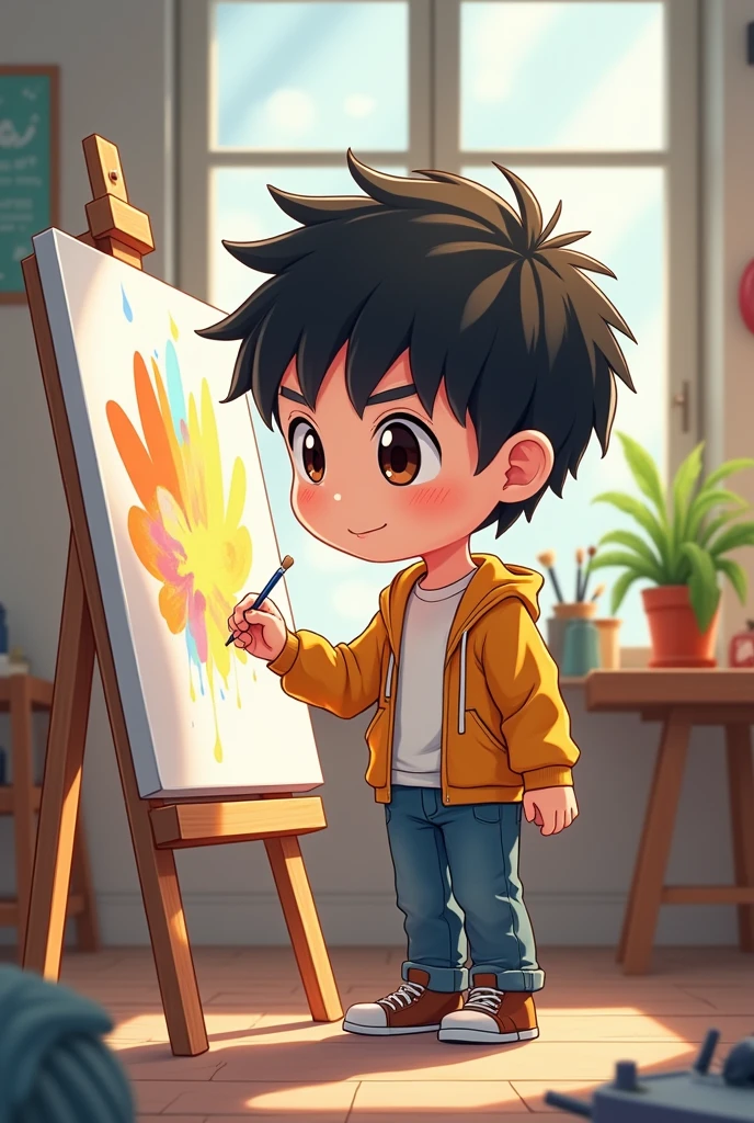 a male university student drawing in canvas in chibi anime style full body