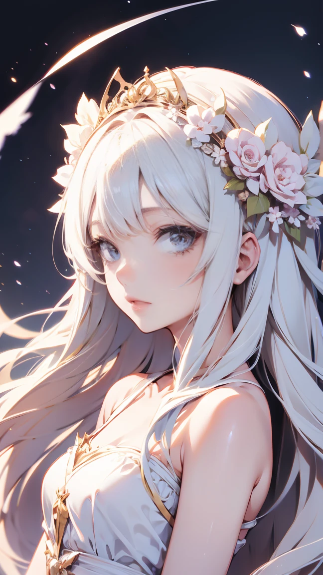 Anime girl with long hair wearing a white dress and a flower crown generative ai