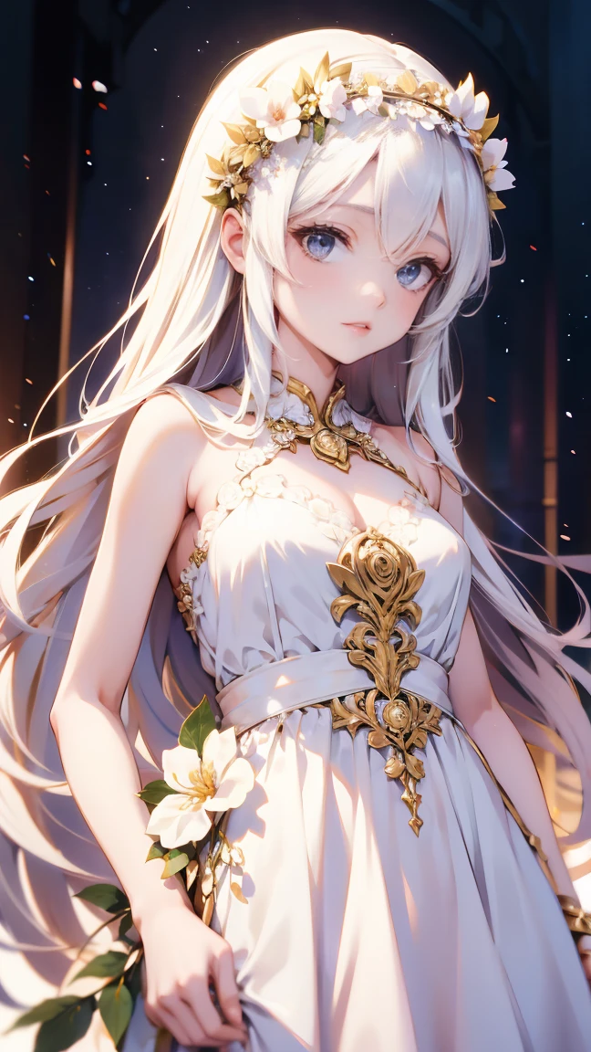 Anime girl with long hair wearing a white dress and a flower crown generative ai