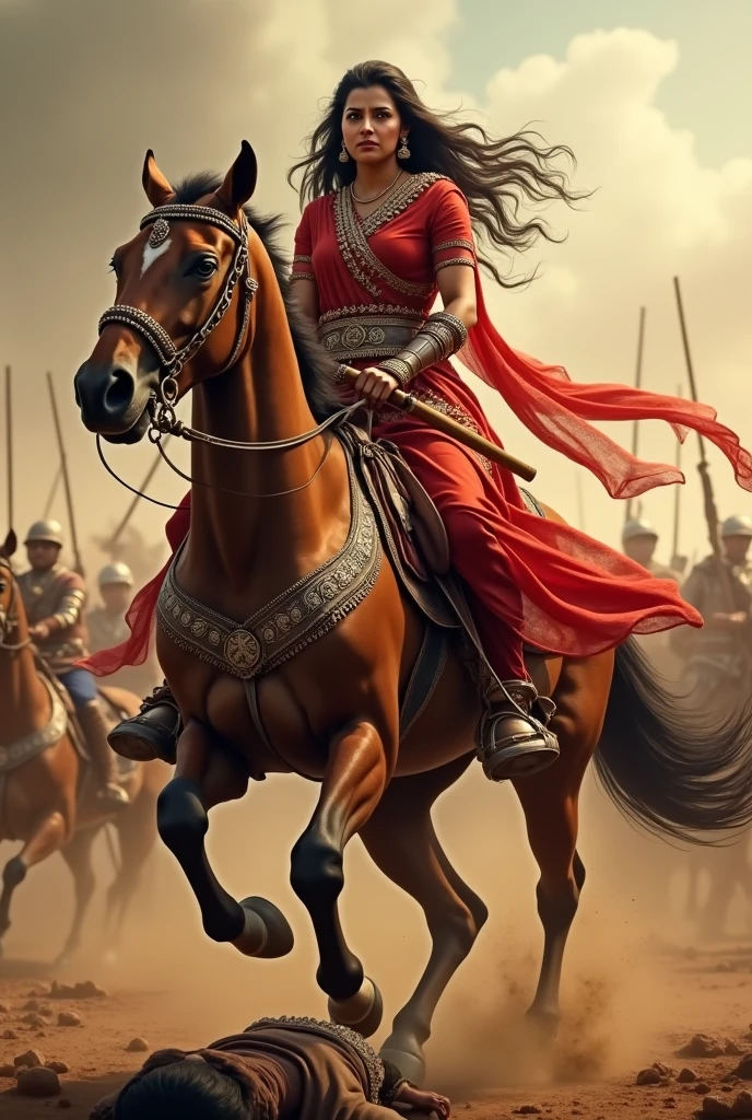 Generate a image of Rani lakshmi bai in danger look siting a danger horse killed his enemy 