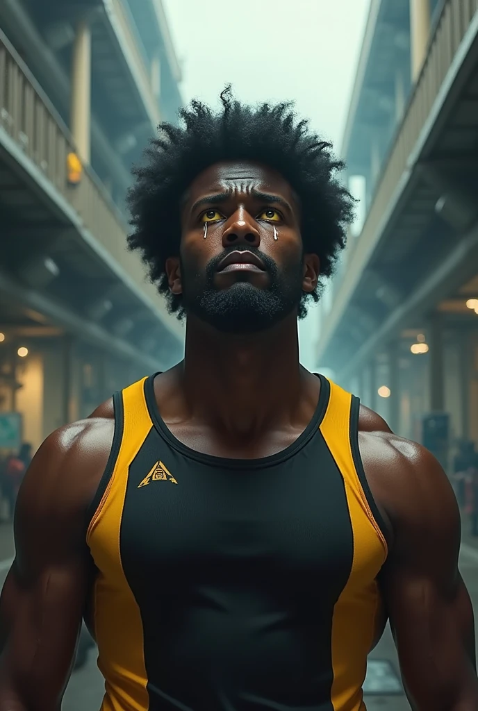 afro, muscular black man crying , 1, short black hair with round curls and bright yellow eyes wearing a black and yellow tank top. In a futuristic underground city with gray tones from factory pollution. Above several floating walkways and on top another cleaner city.