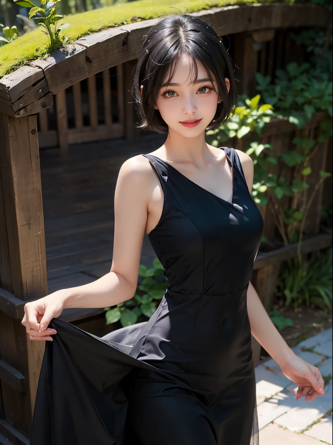 masterpiece, best quality, ultra-detailed,hyperrealistic,shiny skin,1girl,,pixie cut,((black hair)),short hair,moss green eyes,(((tareme))),smile,medium breasts,slender,standing,upperbody,one-piece,flowy dresses,ruffle dress,long skirt,park,