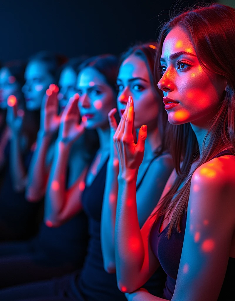 blood donation event in the style of projection mapping, fauvist portraiture, elina karimova, crimson and blue, studio photography, film, color negative