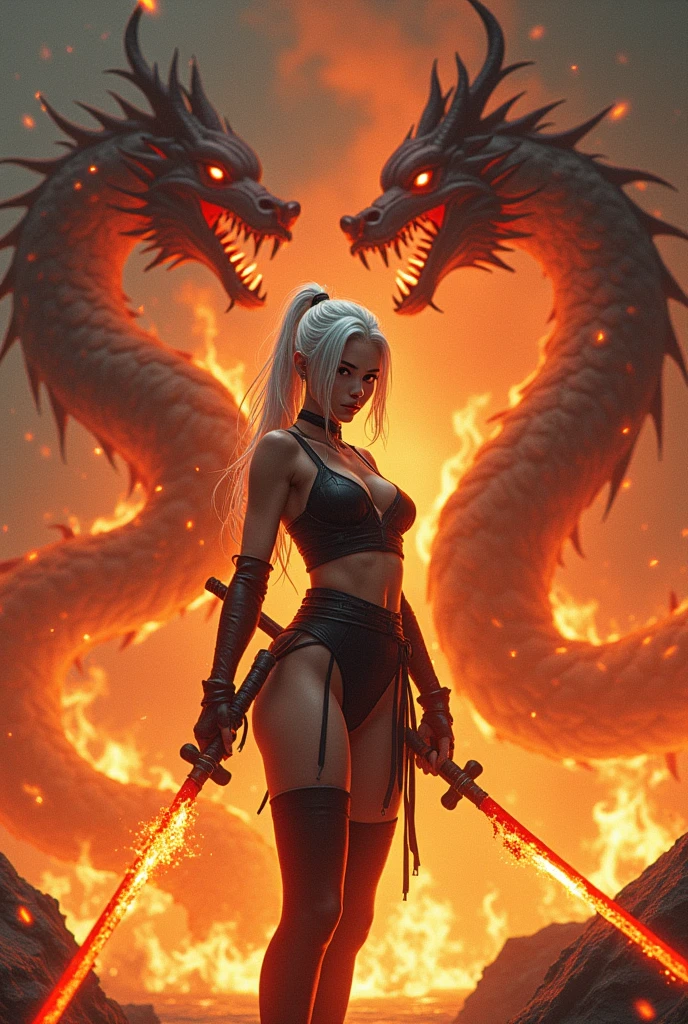 Teenager woman with white hair and red eyes with curvy waist and big thighs and big butt wearing black sexy ninja clothes with fire aura and fire katana surrounded by fire hydra with three heads