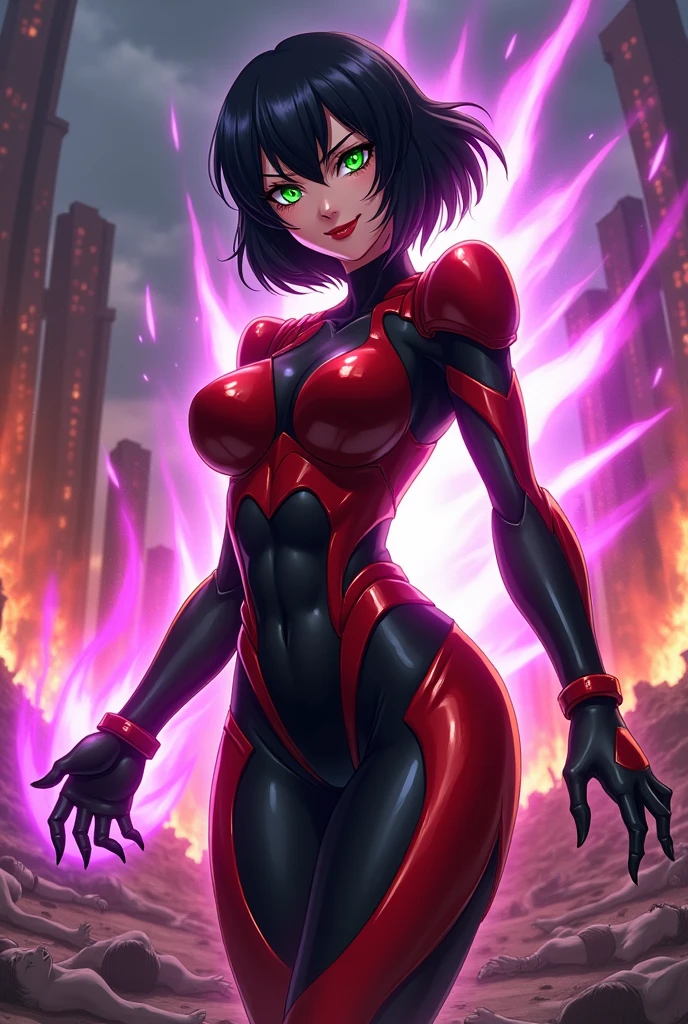 An anime style action pose of a Beautiful evil supervillain woman with short black hair in a bob, green eyes filled with confidence, and red lips, a sadistic grin across her face. She is wearing a high tech suit of red and black power armor and radiating purple energy. Destroying, Evil wins, burning city, lots of bodies litter the ground.