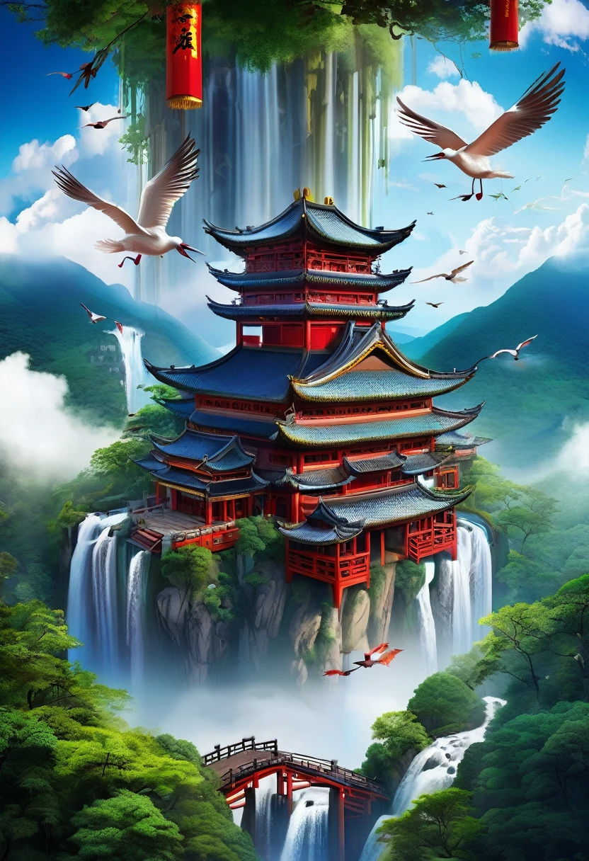 A majestic Chinese-style building, perched on high mountains, surrounded by dense trees, clouds, flying cranes, and flying waterfalls. Overhead Angle