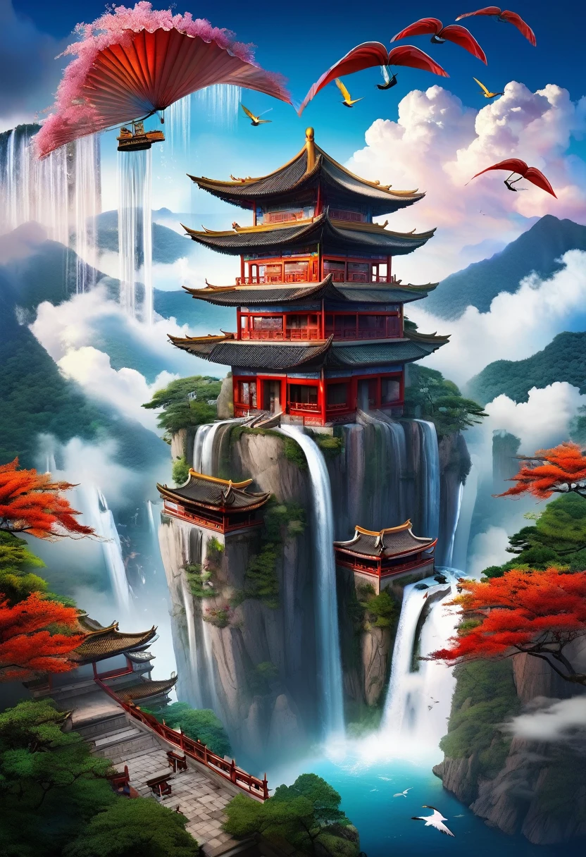 A majestic Chinese-style building, perched on high mountains, surrounded by dense trees, clouds, flying cranes, and flying waterfalls. Overhead Angle