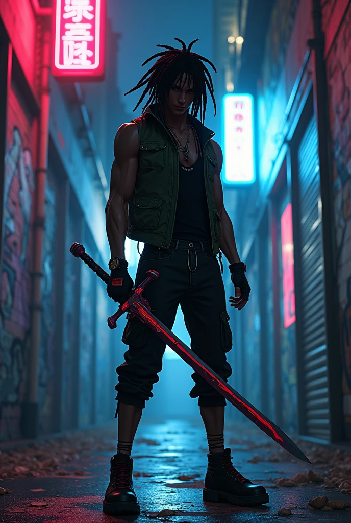imagine Kirito, Sword Art Online, dark skin, dreadlocks, standing in a dimly lit alleyway, holding Elucidator, cyberpunk aesthetic, neon lights, detailed, african style 8k