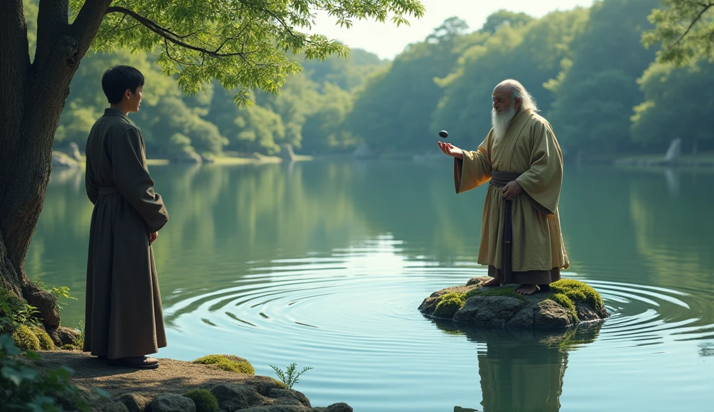 Master Koji throws a small stone into a still pond. Hiro watches as ripples spread across the water, distorting the reflection of the sky and surrounding trees.
Create a scene where an old Zen master tosses a small stone into a tranquil pond, causing ripples. The master, Koji, wears simple robes and has a thoughtful expression. A young man, Hiro, watches the ripples, reflecting the sky and trees. The setting is a quiet, peaceful garden