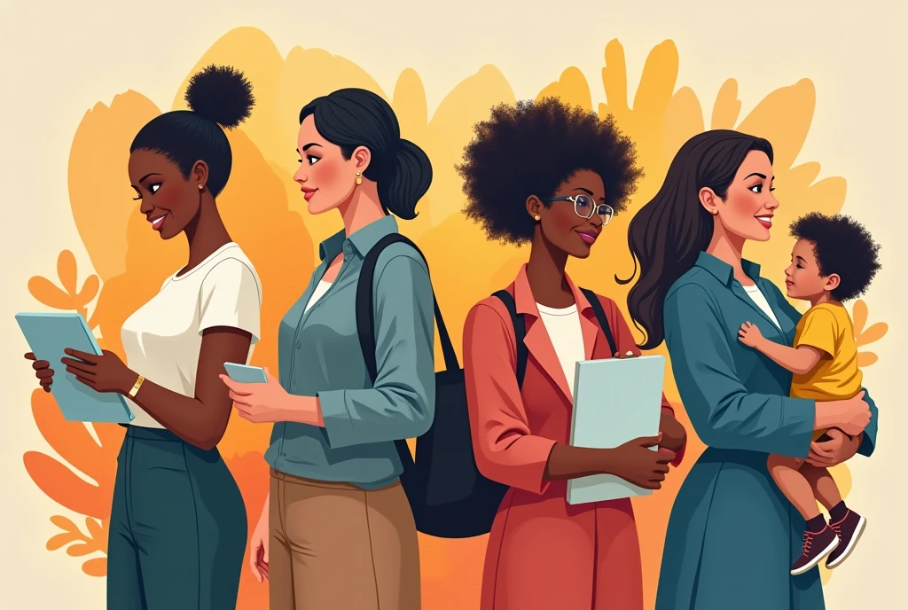 Create a realistic and clean image celebrating the strength and positivity of women. Include four diverse women in different roles: one managing work tasks, one caring for a child, one performing an office job, and one handling additional responsibilities. Each woman should be depicted clearly in her respective role, exuding confidence, resilience, and compassion. The background should be vibrant and uplifting, showcasing their emotional intelligence, adaptability, and problem-solving skills. Ensure the image highlights their individual contributions and strengths.". Generate realistic image