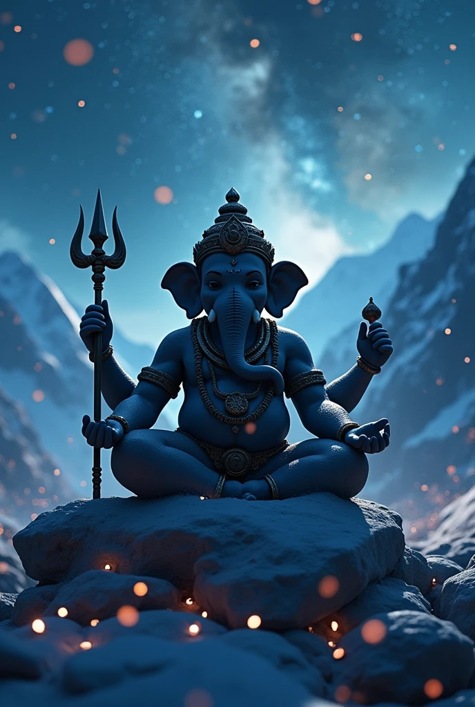  Cool cinematic animated character art, Silhouette of indian elephant headed Lord ganesh meditating in Himalayas at night, strong arms, chubby physique, multiple hands, flower garlands, holding a trident, strong snow Blizzard, snowfall, night sky, glowing fireflies, milkiway galaxy in background, darkness in atmosphere, colour graded, vibrant, 4khd, realism 