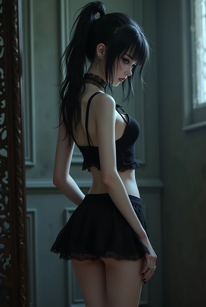 Gothic girl in miniskirt looking at her ass 