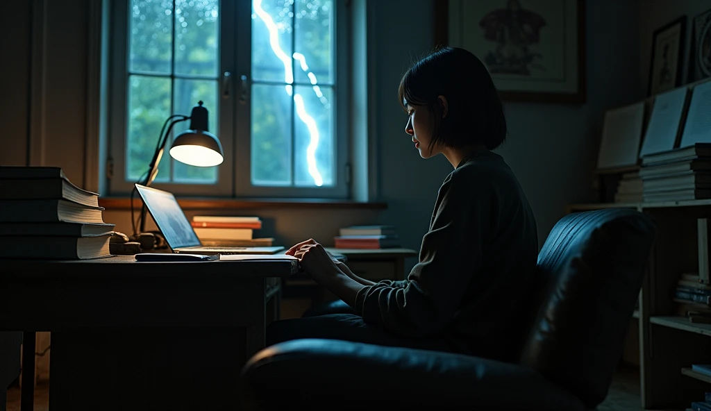 A side view photo of a young and beautiful Korean woman sitting in a comfortable chair close to her study table in an old, dark room. The woman is facing away from the camera and is studying. The room has a wooden floor and is filled with various items, including a table, a study lamp, a laptop, a mobile phone, and books kept on a table. A window in the room is illuminated by a lightning strike, revealing raindrops hitting the glass. The overall atmosphere of the photo is eerie and mysterious.