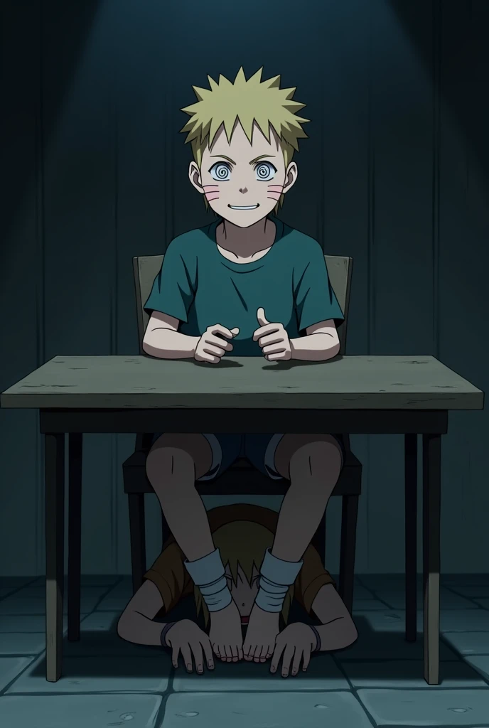 An animation with Naruto as a child. The scene is hypnotic. Naruto hypnotized to show his bare feet. Naruto sitting at a table. Naruto has spirals in his eyes due to hypnosis. Naruto sitting on a table with his feet in the hands of the hypnotist. The hypnotist under the table next to Naruto's feet. The hypnotist holding Naruto's ankles. Naruto at the hypnotist's disposal. Let the hypnosis be seen in the image with the spirals in Naruto's eyes. Let the hypnotist be another child apart. The hypnotist should be shown licking Naruto's feet under the table. Naruto totally under the control of the hypnotist. The hypnotist with Naruto's feet on his lap.