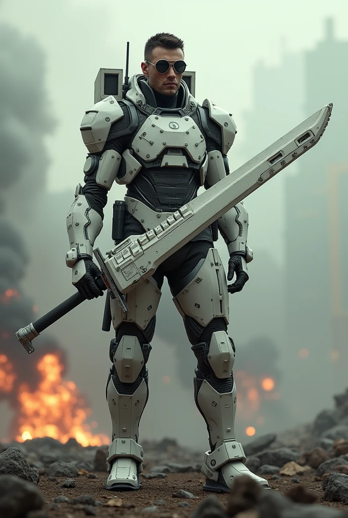 Man wear cyberpunk robocop armor suit white keyboard PC concept. Long mechanize Sword from classic white keyboard. Keyboard pad design as sword. Binoculars eyes . Holding keyboard sword. War background. Bombing effect background.