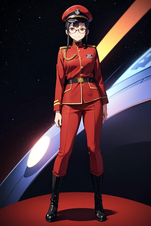 Anime Art、Full body portrait、Space SF Officer、background is blank、A woman around 3, standing upright, about 165cm tall, wearing a red stand-up collar military uniform and red trousers.、Red military cap、Glasses、Beautiful Eyebrows、Hairstyle: short ponytail、Black Hair、Smile generously、Black boots