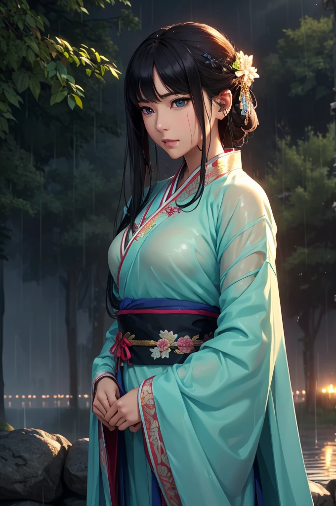 Heavy rain background、In the storm、in the forest、Walking in the river、On the run、In the fog、war (Highest quality,4K,8k,High resolution,masterpiece:1.2), Very detailed, (Realistic,Realistic,Realistic:1.3), High resolution, Hyper HD, Studio Lighting, Ultra-fine painting, Sharp focus, Physically Based Rendering, Very detailed説明, Professional, Vibrant colors, Bokeh, Sports Late Night, Ancient War Landscapes, Traditional Chinese Painting Techniques, Atmospheric lighting, Vivid color contrast, Ethereal atmosphere,Very detailed目と顔, Beautiful attention to detail, Light on the face,白いHanfu (Hanfu: 1.1),My whole body is wet、My clothes are wet and transparent、Nipples are visible、The nipples are pale pink、Rain clouds spreading across the sky、Heavy rain weather、Pouring rain、Wind and rain storm、((Soaked skin from head to toe))、((Rain-soaked clothes(Rain dripping from clothes))、((The lines of your body are clearly visible through your wet clothes...))、、(Green Eyes: 1.1)、Eyes are green、Slim figure、Small breasts、Sexy pose