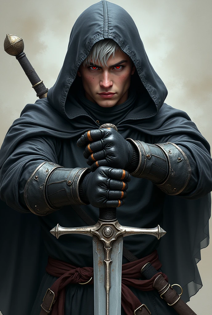 Short grey hair、Red Eyes、A fearless face、Black opaque clothing with leather hood、Wearing gloves、Holding a medieval sword、One caucasican male Swordsman、16 year、combat style