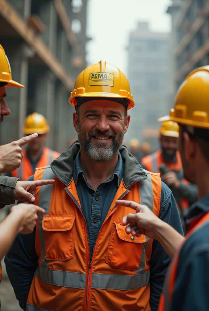 Contruction worker with helmet coming up with an idea is happy and worried at the same time to meet his colleagues poinitng finger