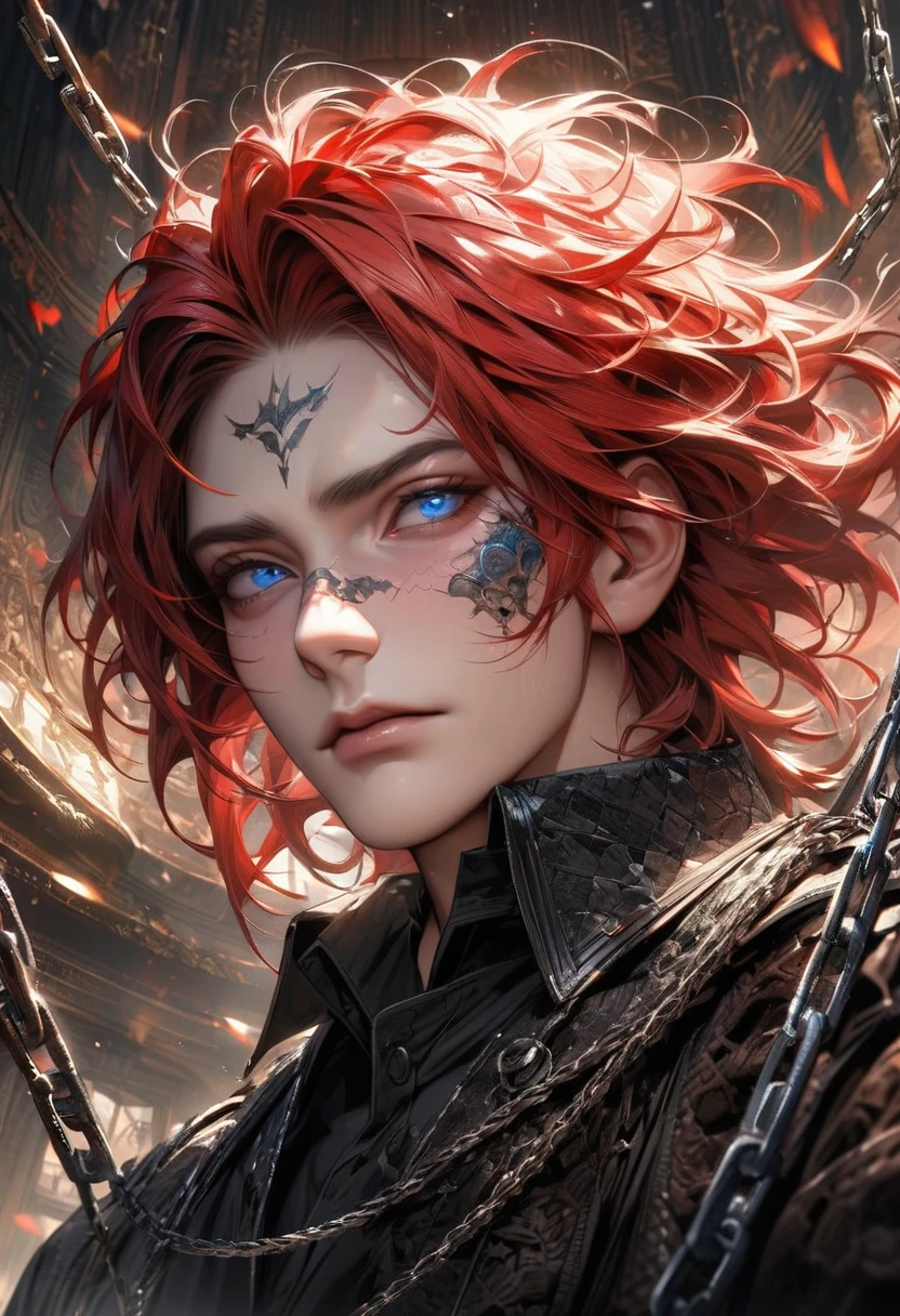 absurdres, highres, ultra detailed, HDR, master piece, best quality, extremely detailed face and eyes, perfect face, realistic face, beautiful eyes, Arthur Leywin, red hair, expressive blue eyes,Tbate, black jacket, black shirt, patterns, solo, man, handsome, chains