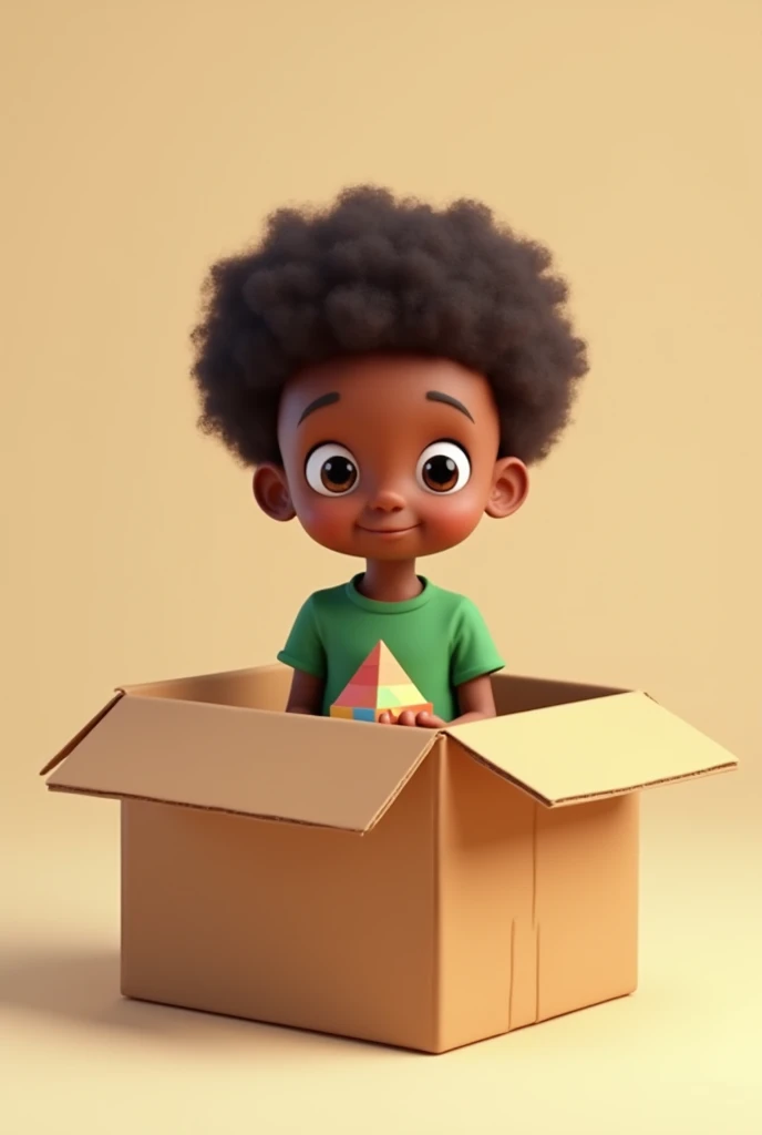 A brown kid of with pyramid cube wearing green t shirt and pink skinny long pant
Slim boy sitting in a box