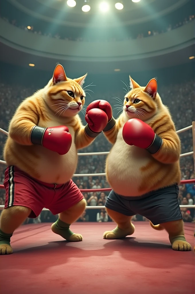 Despite a few hard hits, the chubby cat doesn’t give up. The crowd, once skeptical, starts to cheer as the cat lands a powerful blow, knocking its opponent off balance.