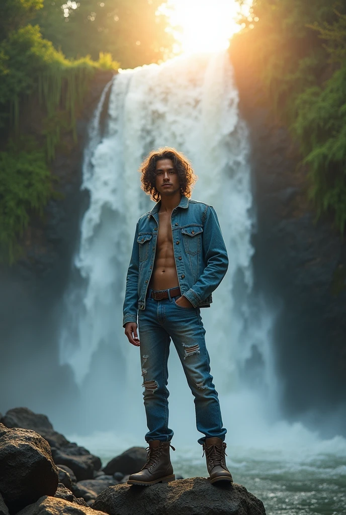Photography of a 20 year old Asian guy with long curly hair wearing a torn blue jacket, black jeans, boots standing under a cool waterfall, a beautiful afternoon atmosphere full of color