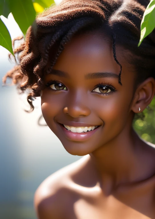 (portrait, editorial photograph) (beautiful black girl), adorable face, long brown curly hair, hazel eyes, by lee jeffries, nikon d850, film stock photograph ,4 kodak portra 400 ,camera f1.6 lens ,rich colors ,hyper realistic ,lifelike texture, dramatic lighting, (highly detailed face:1.4), perfect eyes, realistic iris, perfect teeth, (smile:0.7), (background dark, shadow of the leaves, moody, cleavage), sun rising, early morning light, Wishing for something, masterpiece, best quality, photorealistic, Citizen of Guinea-Bissau, very cute super model, perfect anatomy, skinny, ((1 girl)), (colorful reflections in the eye), (nudist), (smiling, white teeth), small nipples