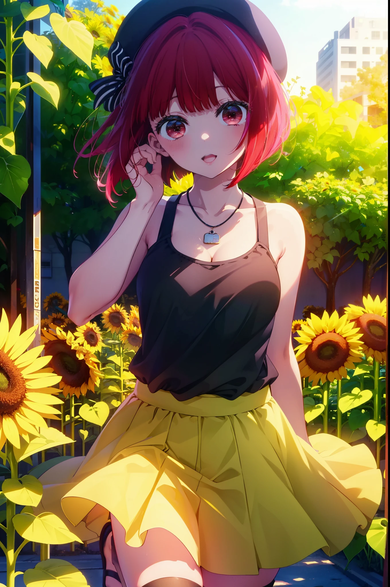 canary, Arima etc., short hair, bangs, (Red eyes:1.3), Redhead, Bobcut, smile,Open your mouth,Tank top,mini skirt,Cute heeled sandals,Heart Necklace,Are standing,Daytime,Clear skies,True Summer,Beret with ribbon,whole bodyがイラストに入るように,
break outdoors,Sunflower field,
break looking at viewer, whole body,
break (masterpiece:1.2), Highest quality, High resolution, unity 8k wallpaper, (figure:0.8), (Beautiful attention to detail:1.6), Highly detailed face, Perfect lighting, Highly detailed CG, (Perfect hands, Perfect Anatomy),