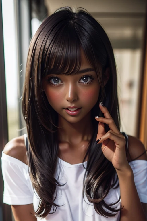 one girl, (((Open your mouth)))、Put your hand over your mouth、Beautiful breasts、 Brown eyes, ((Gal Hairstyles)) blonde, girl, (Eye and facial details:1.0), break, (masterpiece, Highest quality, Very detailed, Detailed face, 8k),( dark skin:1.95 )