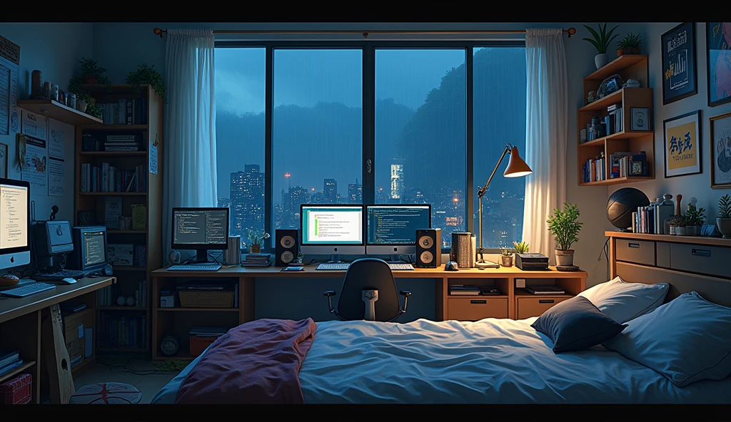a very large bedroom, one desktop computer with two screens, 2 laptops, 1 phone (no-character:1.4), on the computers screens runs Linux and a development IDE, picture from far, large windows, night outside, raining, one guitar, one basketball ball, clothes thrown on the bed and on floor, on the wall there is a poster of Chino Kafu, masterpiece, precision, ultra-realistic, anime art, In the style of Makoto Shinkai。master piece, ultra detail